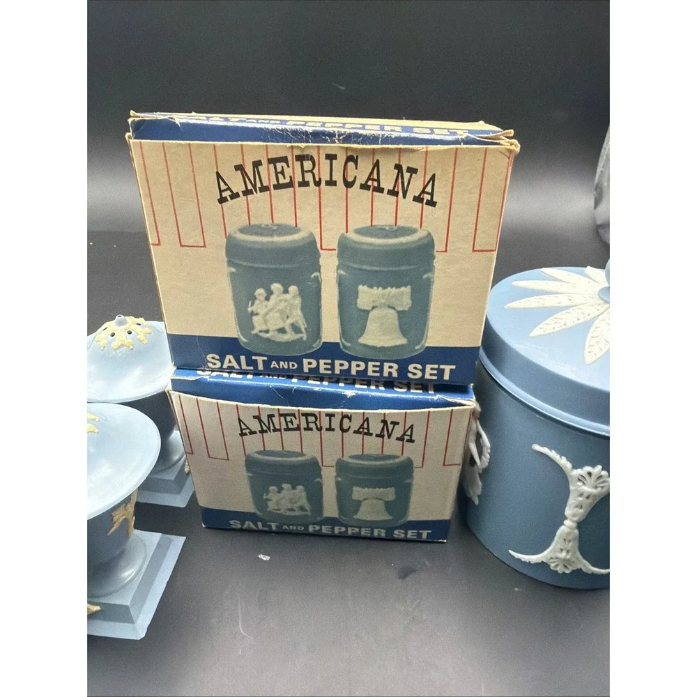 Vintage Americana 11 Pc Jasperware Style Salt Pepper Shaker Set Blue Plastic